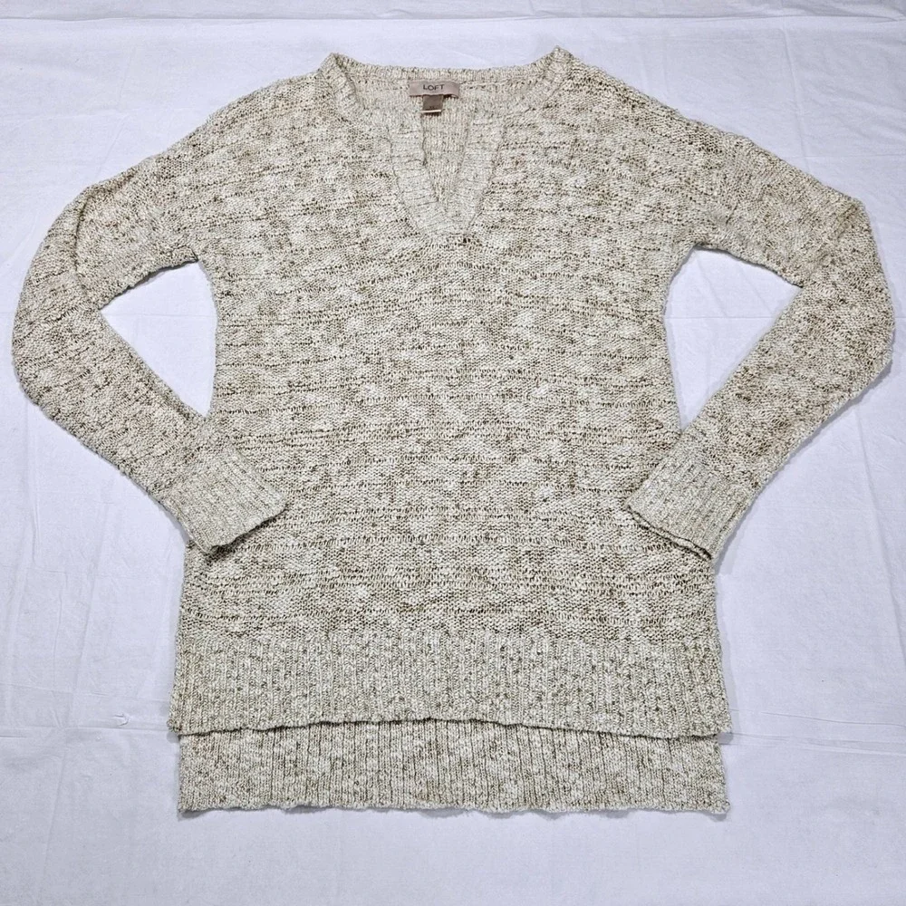 LOFT Womens XS Beige Marled Knit V-Neck High-Low Pullover Sweater